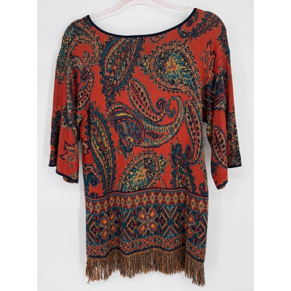 Ruby Rd Womens Paisley Knit Tunic Top Orange Teal Fringe Hem 3/4 Sleeve Sz S - Picture 4 of 10